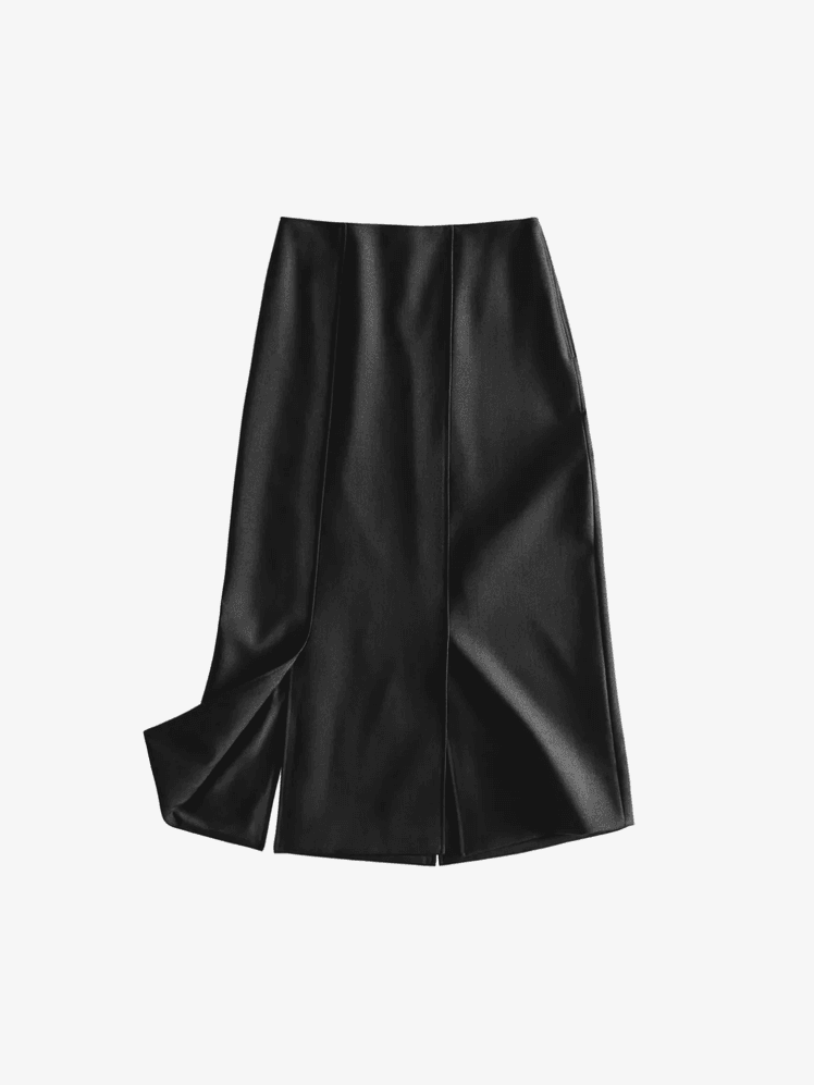 falda midi recta con cierre mediante cremallera lateral, dos aberturas en la parte frontal, dos aberturas en la parte posterior, detalle de costuras, confeccionada en tejido con lana.